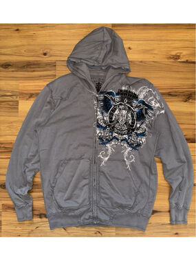 Affliction Skull Wing Hoodie Y2K Grunge Biker Gothic Full Zip Distressed XL